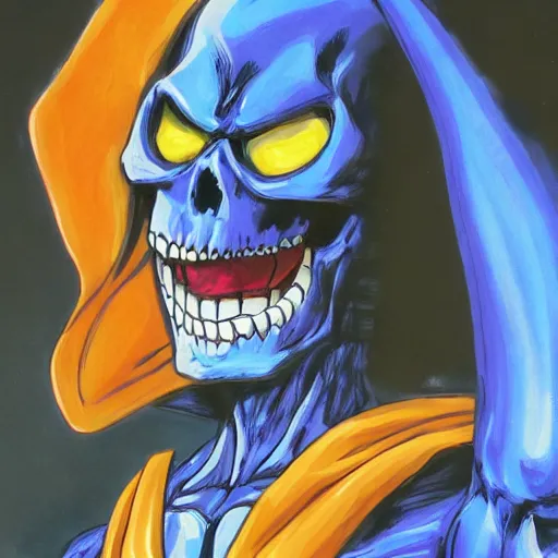 Prompt: portrait painting of skeletor, art by eiichiro oda, 4 k, one piece artstyle, cel shaded, highly detailed, epic lighting