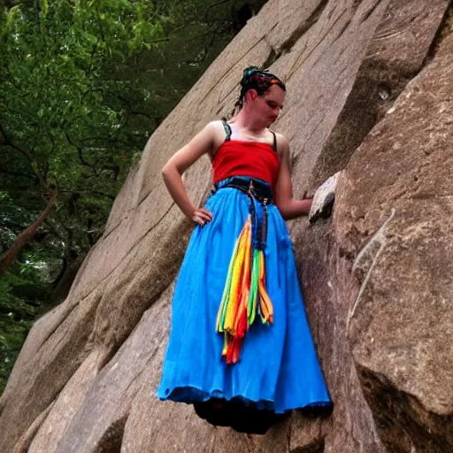 Image similar to Frida Kahlo rock climbing wearing a princess dress