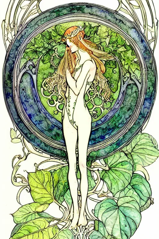 Image similar to elven art nouveau goblet of win watercolor painting in the center of a circular frame of leaves, art by walter crane and arthur rackham, illustration style, watercolor