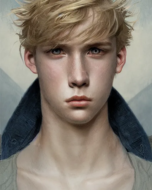 Image similar to portrait of 1 5 - year - old boy with blonde hair, round - face, with long toothed,, hyper realistic face, beautiful eyes, close up, fantasy art, in the style of greg rutkowski, intricate, alphonse mucha, hyper detailed, smooth