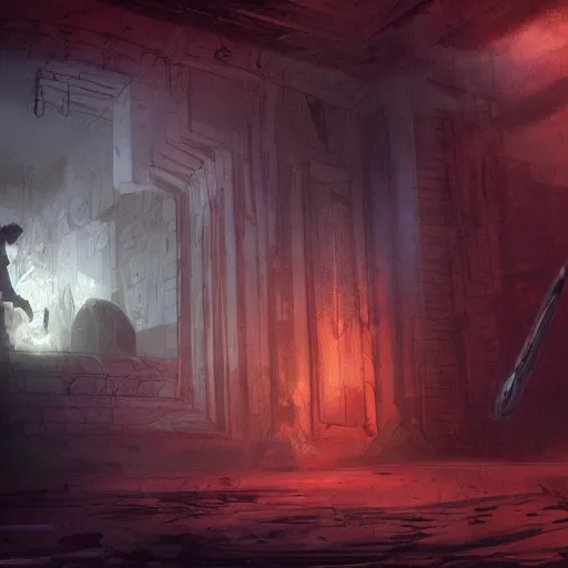 Prompt: a concept art of a paladin lyind dead in a cell with a ratman noticing his death. dungeon. volumetric lighting. rutowsky, craig mullins.
