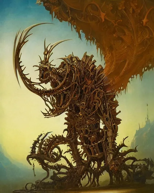 Prompt: elegant renaissance painting of biomechanical warhammer final boss creature vecna, art by bruce pennington and peter mohrbacher