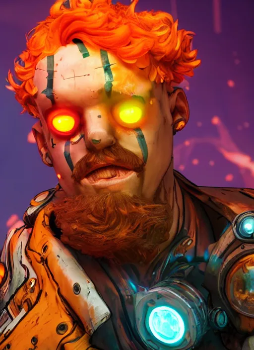 Image similar to glowwave portrait of curly orange hair man from borderlands 3, au naturel, hyper detailed, digital art, trending in artstation, cinematic lighting, studio quality, smooth render, unreal engine 5 rendered, octane rendered, art style by klimt and nixeu and ian sprigger and wlop and krenz cushart.