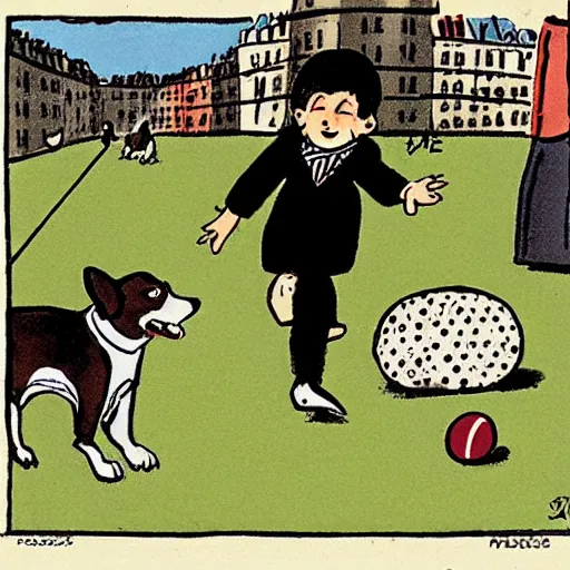 Image similar to illustration of french boy on the streets of paris playing football against a corgi, the dog is wearing a polka dot scarf, comic, 1 9 7 2