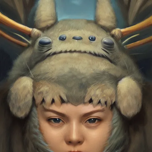 Image similar to portrait of a totoro woman, detailed, centered, digital painting, artstation, concept art, donato giancola, Joseph Christian Leyendecker, WLOP, Boris Vallejo, Breathtaking, 8k resolution, extremely detailed, beautiful, establishing shot, artistic, hyperrealistic, beautiful face, octane render