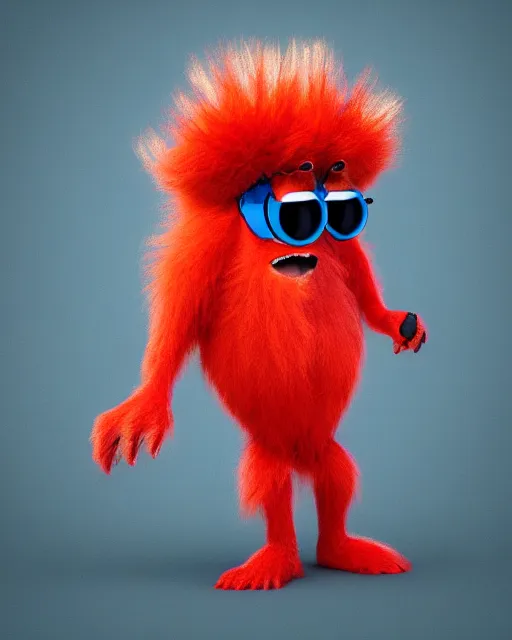 Prompt: 3 d render of completely red hairy friendly antropomorphic cartoony creature wearing chrome shades, without nose, full body, in the style of pixar, simple, cute, white background, unreal engine 5, octane render, highly detailed hdr