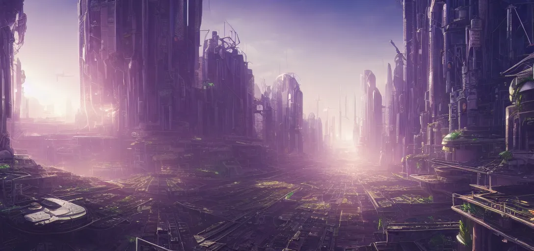 Image similar to ground view of a futuristic solarpunk city, light rays, symmetry, cinematic lighting, ultra detailed, sharp, ambient occlusion, bloom, raytracing, by greg rutowski, sebastian meyer and jordan grimmer