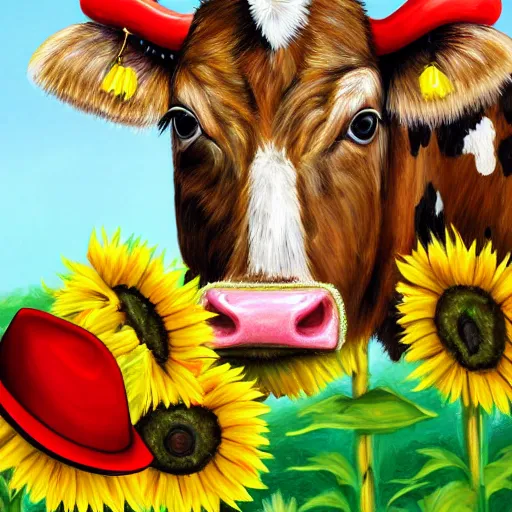 Prompt: head portrait of southern belle cow wearing a red farmers hat, surrounded by sunflowers outside in a field, 4k, illustration