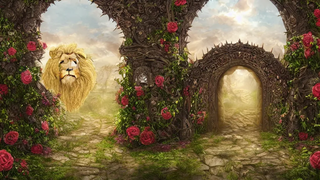 Image similar to A giant medieval fantasy gate with an gold carved lion face at the center in the middle of a beautiful fantasy landscape, vines with thorns around the gate, roses and all kinds of flowers, vivid vegetation, pastel color tones, clear clean, HD, illustration, epic, fantasy, intricate, elegant, highly detailed, digital painting, artstation, concept art, smooth, wallpaper, digital 2D, painterly style, high contrast, golden ratio, rule of thirds, Studio Ghibli, art by artgerm and greg rutkowski and alphonse mucha and jin xiaodi