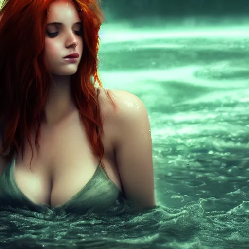 Image similar to redhead beautiful girl bathing in a river, night, moonlight,, beautiful landscape, cinematic, relaxing, extremly high detail, photorealistic, cinematic lighting, post processed, concept art, artstation, matte painting, style by greg rutkowsky