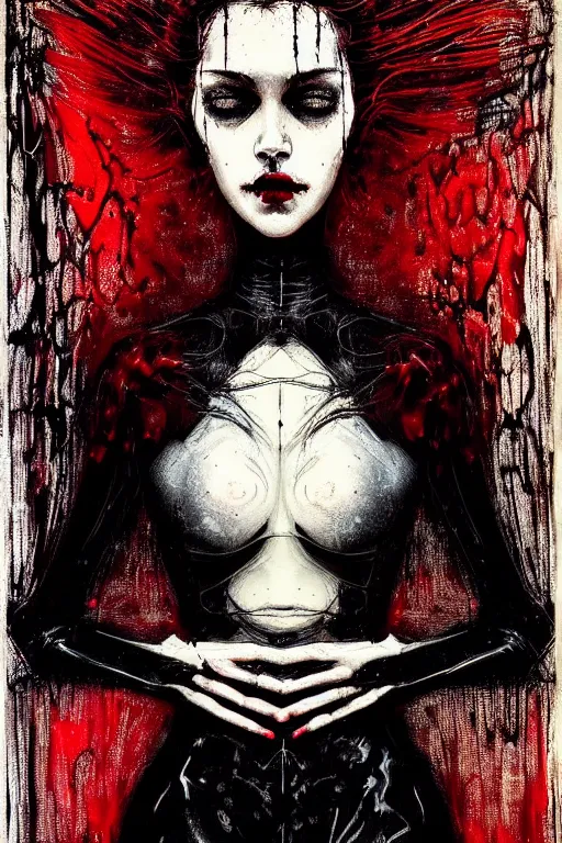 Prompt: dreamy gothic girl, long black leather, wet red brush, beautiful woman body, detailed acrylic, grunge, intricate complexity, by dan mumford and by alberto giacometti, peter lindbergh