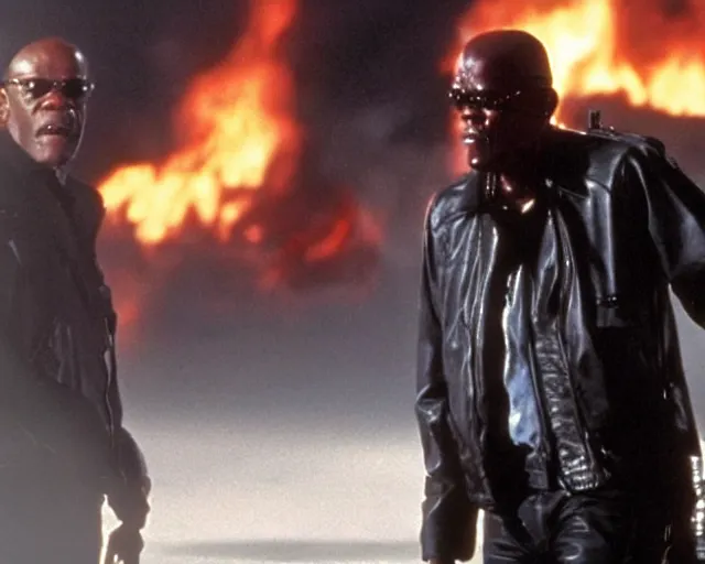 Image similar to Samuel L. Jackson plays Terminator wearing leather jacket and his endoskeleton is visible, walking out of flames