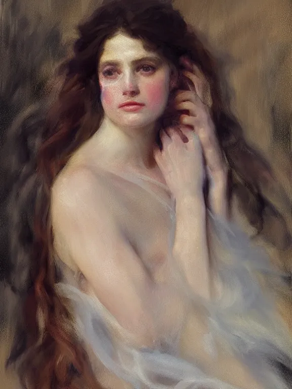 Prompt: loose portrait of a sad fragile beautiful girl covered in translucent flowing dress, wet drapery, classical greece, alla prima, oil painting, by sargent, giovanni strazza and raffaelo monti