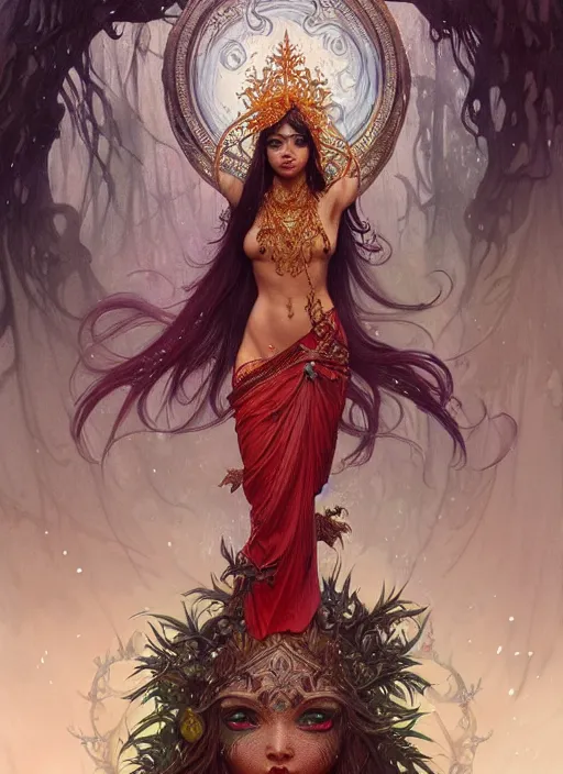 Image similar to kuntilanak on tree, d & d, wet, shiny, fantasy, intricate, elegant, higly detailed, dramatically art, ultra definition, digital painting, artstation, concept art, smooth, sharp focus, illustration, art by artgerm and greg rutkowski and alphonse mucha and garis edelweiss