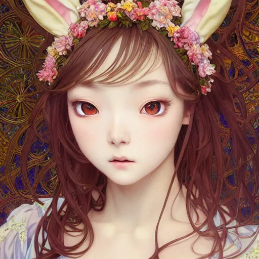 Image similar to a masterpiece ultrarealistic ultradetailed portrait of beautiful anime girl in bunny costume baroque renaissance. medium shot, intricate, elegant, by stanley artgerm lau, wlop, alphonse mucha, rossdraws, andrei riabovitchev, yoshitaka amano. in style of hayao miyazaki. flower background my james jeand and takashi murakami.