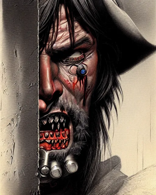 Image similar to mccree from overwatch, evil, crazed look in his eyes, character portrait, portrait, close up, concept art, intricate details, highly detailed, horror poster, horror, vintage horror art, realistic, terrifying, in the style of michael whelan, beksinski, and gustave dore