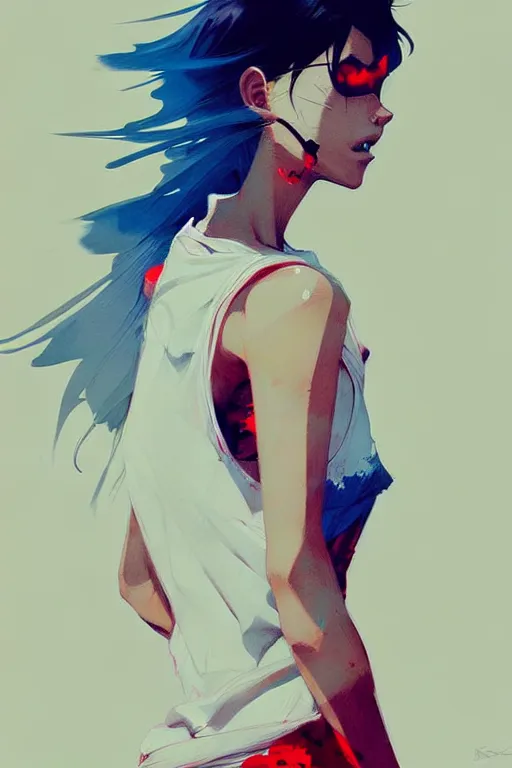 Image similar to a ultradetailed beautiful painting of a stylish woman with a white tank top, by conrad roset, greg rutkowski and makoto shinkai trending on artstation