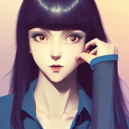 Image similar to urban high school girl in shirt fanart, dark blue long hair, muted colors, matte print, pastel colors, ornate, digital art, digital painting, fan art, elegant, artstation, by Ilya Kuvshinov