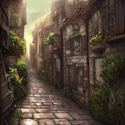 Image similar to narrow street between houses, fantasy art, concept art, high detail