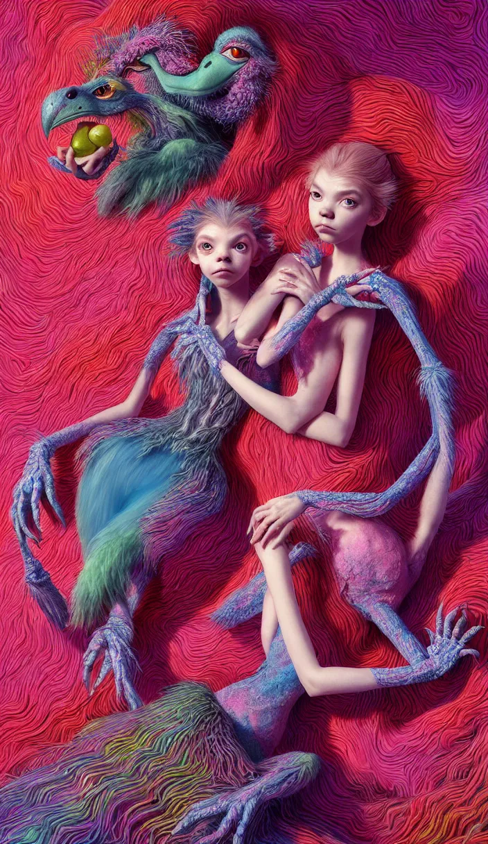 Image similar to hyper detailed 3d render like a Oil painting - kawaii portrait of two Aurora (a beautiful skeksis muppet fae princess protective playful from dark crystal that looks like Anya Taylor-Joy) seen red carpet photoshoot in UVIVF posing in scaly dress to Eat of the Strangling network of yellowcake aerochrome and milky Fruit and His delicate Hands hold of gossamer polyp blossoms bring iridescent fungal flowers whose spores black the foolish stars by Jacek Yerka, Ilya Kuvshinov, Mariusz Lewandowski, Houdini algorithmic generative render, Abstract brush strokes, Masterpiece, Edward Hopper and James Gilleard, Zdzislaw Beksinski, Mark Ryden, Wolfgang Lettl, hints of Yayoi Kasuma and Dr. Seuss, octane render, 8k