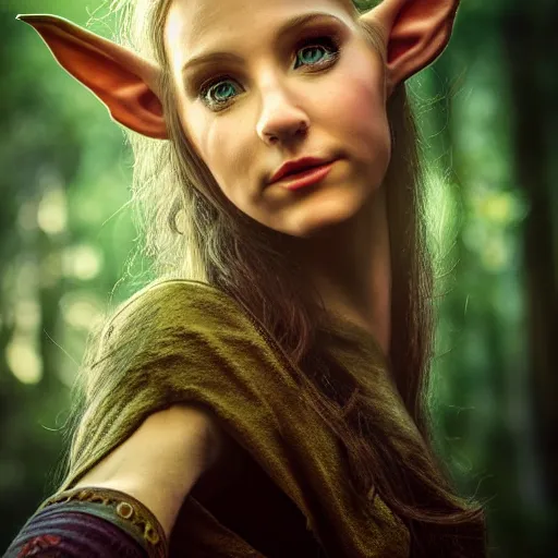 Image similar to portrait of a female elf,fantasy, D&D, HDR, natural light, medium close shot, dynamic pose, award winning photograph, Mucha style