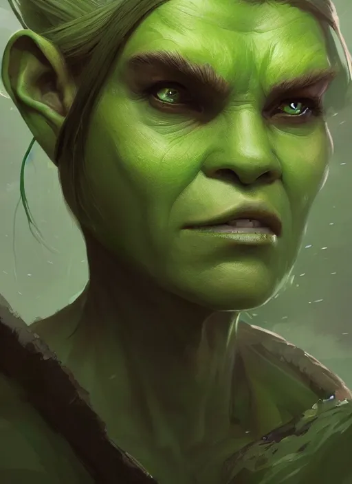 Prompt: green orc female, light green tone beautiful face, by greg rutkowski, by noah bradley, digital painting