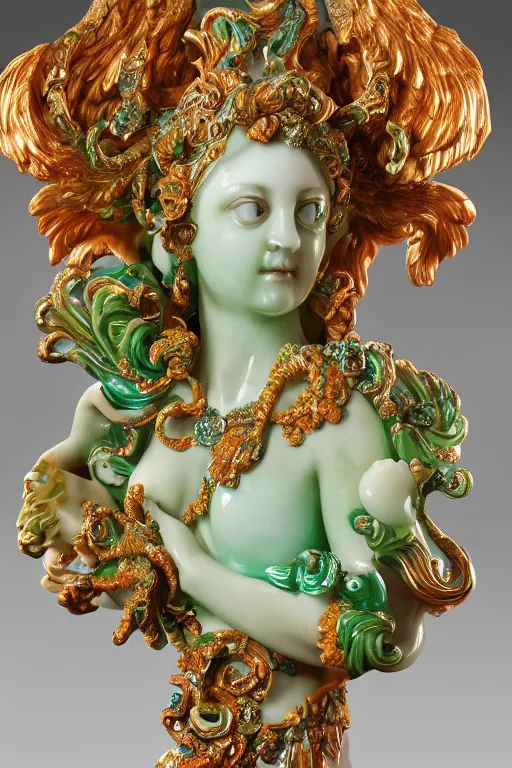 Image similar to a closeup photo, rococo alabaster and jade real delicate ceramic porcelain sculpture of an ornate detailed phoenix goddess in front of an intricate background by rafael, micro detail, backlit lighting, subsurface scattering, translucent, thin porcelain, emerald, jade, octane renderer, colorful, physically based rendering, trending on cgsociety