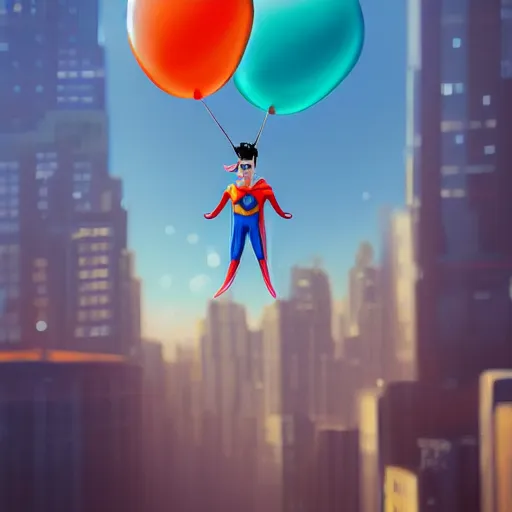 Prompt: balloon man super hero in a city sky, highly detailed, iridescent accents, artstation, cinematic lighting, photographic, ultra realistic, high contrast