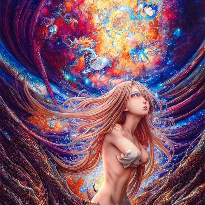 Image similar to ultra detailed illustration of a anime girl covered in liquid chrome, lost in a dreamy fairy multiverse, by Karol Bak, Johfra Bosschart, Andrew Thomas Huang, dan mumford, Druillet colorful, front view, vivid colors, 8k, coherent, artgerm, anime vibes, octane render, uplifting, magical composition, artstation