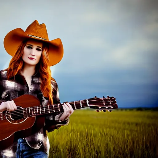 Image similar to a female fluffy fox animal, wearing cowboy hat, wearing plaid shirt, playing guitar, in a field, barn in background, album cover style