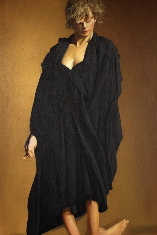 Prompt: hyperrealism mixed with classicism, oil painting, close up figure fully clothes in black reflect robe, complete darkness, in style of classicism mixed with 8 0 s sci - fi hyperrealism