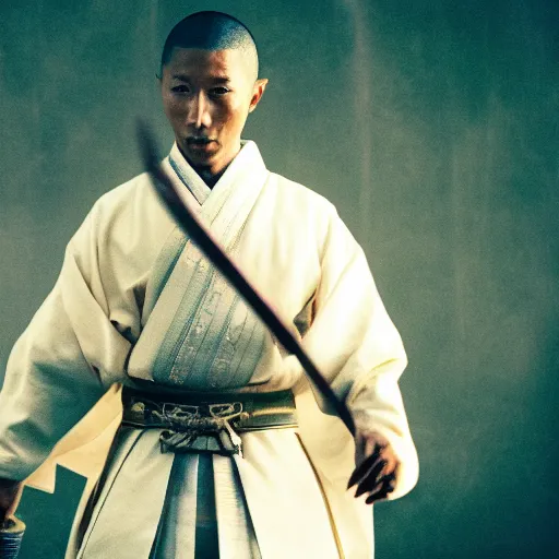 Image similar to cinematic film still Pharrell Williams starring as a Samurai holding fire, Japanese CGI, VFX, 2003, 40mm lens, shallow depth of field,film photography