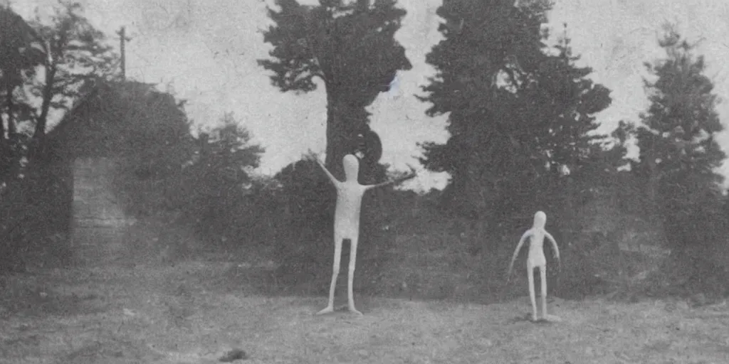 Prompt: scary unproportionable tall ghost creature in the middle of a village, 1900s picture