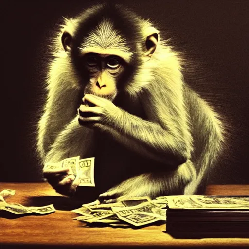 Prompt: monkey holding money, chromatic, crepuscular rays, dslr, caravaggio, ciane color, dof