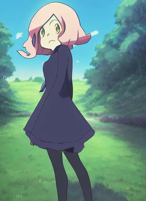 Image similar to Sucy from little witch academia, anime style, countryside, calm, fantasy character portrait, dark outlines, dynamic pose, above view, sunny day, artwork by Makoto Shinkai, very coherent asymmetrical artwork, sharp edges, perfect face, simple form, 100mm