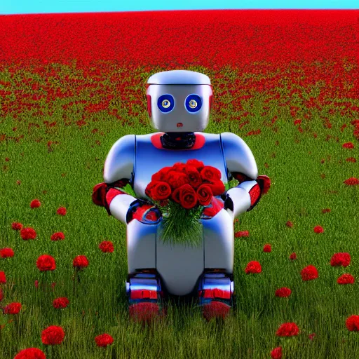 Prompt: 3D render of a Robot holding red roses while standing in grassy field, 8K, by Sergii Golotovskiy