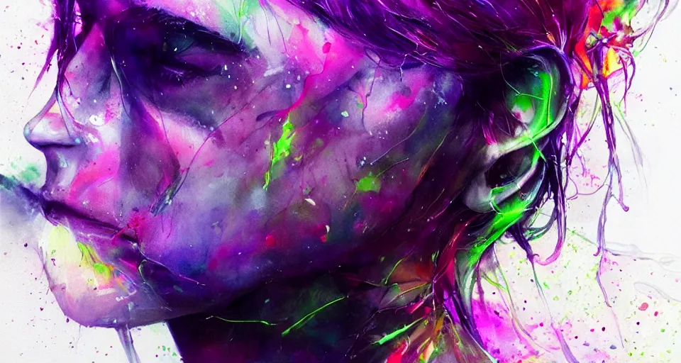 Image similar to concept art, trending on cgsociety and unreal engine, light effect, highly detailed, super wide angle, neon purple, neon orange, lime green, watercolor by Agnes Cecile