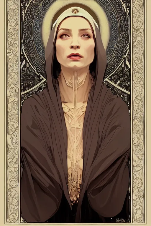 Image similar to high priestess, no noise, elegant, concept art, sharp focus, beautiful face!!, digital art, smooth defined outlines!!, human anatomy, human structure, vector background, by Brom, trending on Artstation, Alphonse Mucha, Tom Bagshaw, Sargent