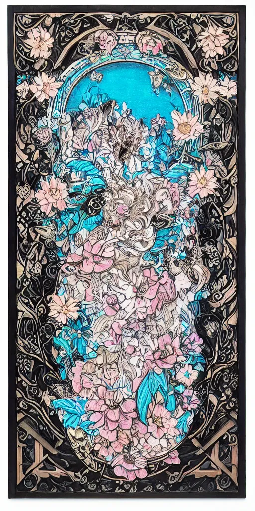 Image similar to Painted dark-wood panel relief carving of a Flowerpunk Piglet, White and pale blue toned, ornate border frame, explosion of colorful flowers, dark wood, intricately carved, black ink, festival of rich colors, intricate details, cinematic lighting, volumetric lighting, post-processing, art nouveau, tarot, fractal art, mandala, by andreas rocha and john howe, and Martin Johnson Heade, featured on artstation, featured on behance, golden ratio, hyper detailed, photorealistic, epic composition, center spotlight, f32, well composed, symmetrical, UE5, 8k