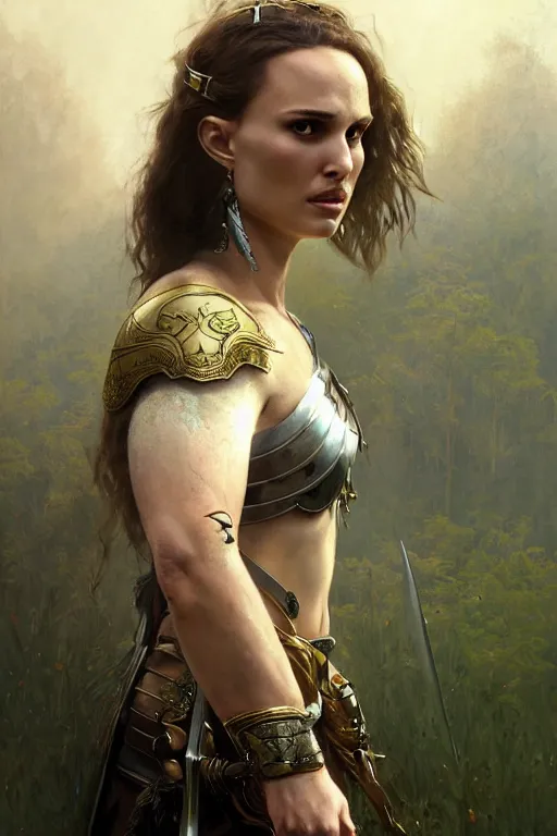 Image similar to natalie portman, legendary warrior, heroic, lord of the rings, tattoos, decorative ornaments, battle armor, by carl spitzweg, ismail inceoglu, vdragan bibin, hans thoma, greg rutkowski, alexandros pyromallis, perfect face, fine details, realistic shading photorealism