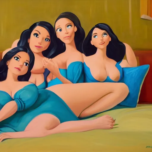 Image similar to stunning, coherent, beautiful painting, still of a group of bbw women taking a picture of each other posing in the same bed , they are all laying down , 3d, in the style of pixar, comic book cover, 3d, highly detailed, highly detailed, sharp focus, bokeh, depth of field, 16k resolution, Unreal Engine 5, coherent, cinematic lighting, photorealistic, by Zhang Jingna