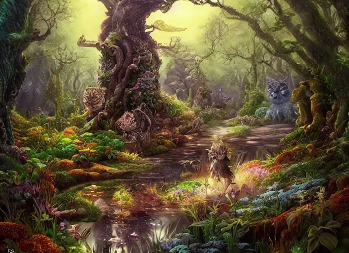 Image similar to magical fantasy forest, magical cat creatures, path traced, highly detailed, high quality, digital painting, by studio ghibli, lise deharme, alexander jansson, paul lehr, tim white, hans zatzka, george stubbs, louis wain