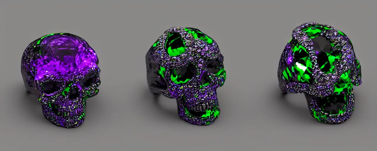 Prompt: simple magic crystal ring of poison, radiant cut, skull, skulls, tentacles, green, black, purple. smooth shank, crystal, engravings, diamonds, product design, jewelry, gold, silver, colorful, art by gerald brom, greg rutkowski and artgerm, photo realism, unreal engine, c 4 d