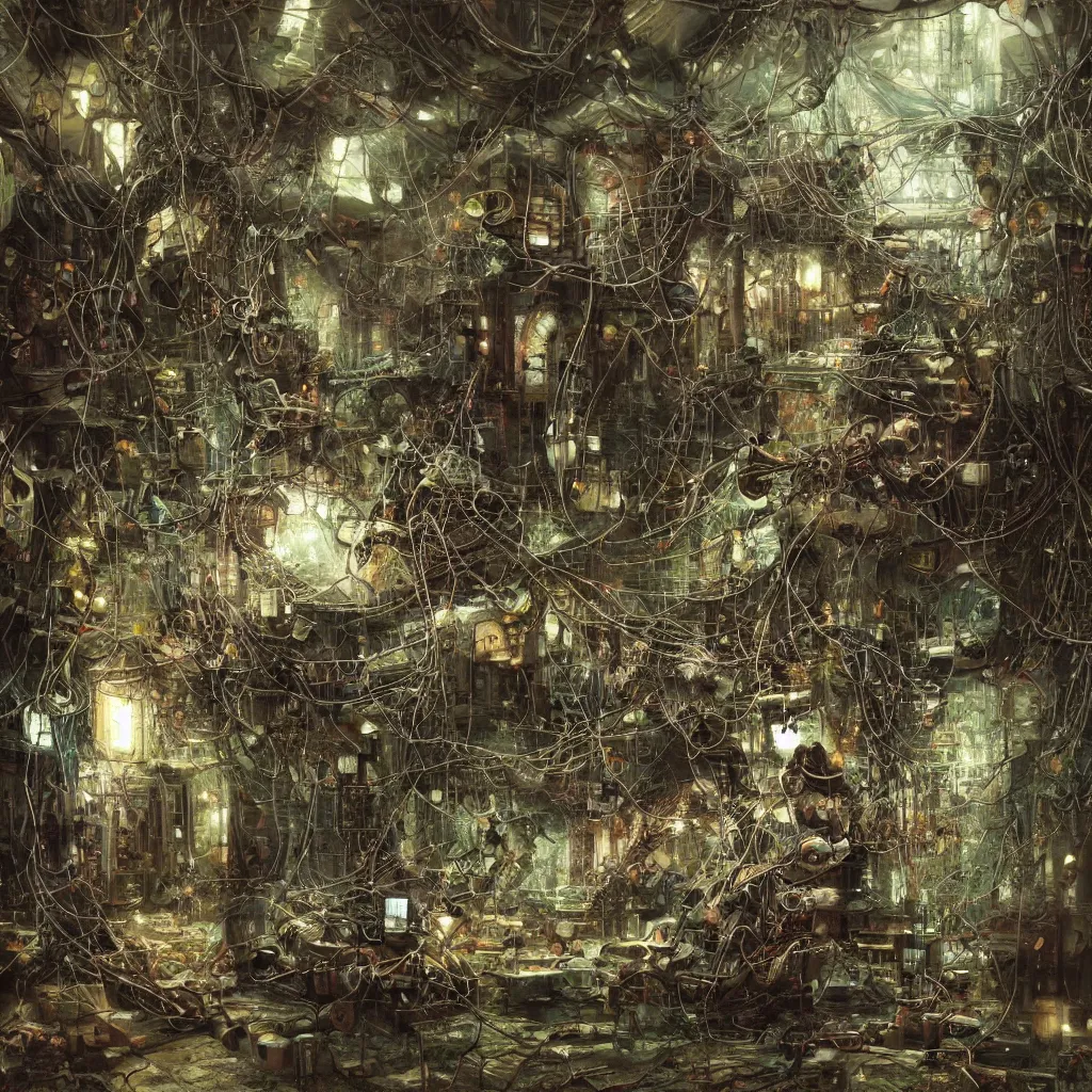 Prompt: the remnants of a broken robot covered in wires and foliage in an underground laboratory, somber melancholic matte painting, highly detailed oil painting, liminal space, 8k, stillness, solitude, sorrowful nostalgic awe-inspiring atmosphere, masterpiece