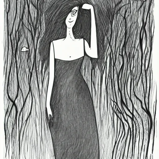 Image similar to ink illustration of tall slender woman with long grey hair in a black dress walking out of a swamp, drawing by graham ingels,