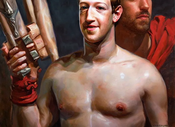 Prompt: a highly detailed beautiful portrait of mark zuckerberg as kratos, by gregory manchess, james gurney, james jean