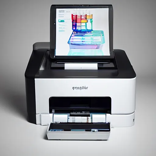 Prompt: a computer printer which prints antibiotic syringes, product photo, studio lighting