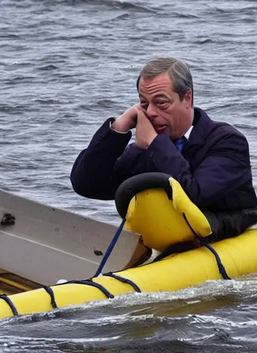 Image similar to Photograph of Nigel Farage crossing the British Channel in a sinking dingy, drowning, realistic, high quality, photography