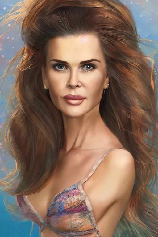 Image similar to portrait of a mix of beautiful young maria shriver, mariel hemmingway, brooke shields, nicole kidman and elle macpherson as a mermaid, thin lips, hair tied up in a pony tail, colorful artstation, cgsociety