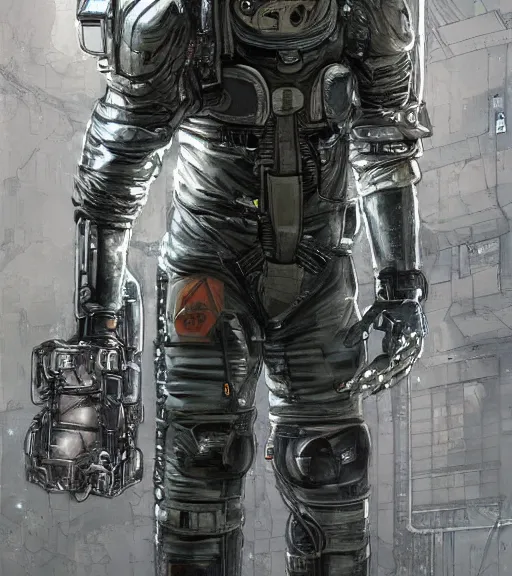 Image similar to realistic cyberpunk engineer with long limbs and a black spacesuit on a spacewalk, techwear, dead space, visible face, Industrial Scifi, detailed illustration, character portrait, by Ashley Wood and Moebius